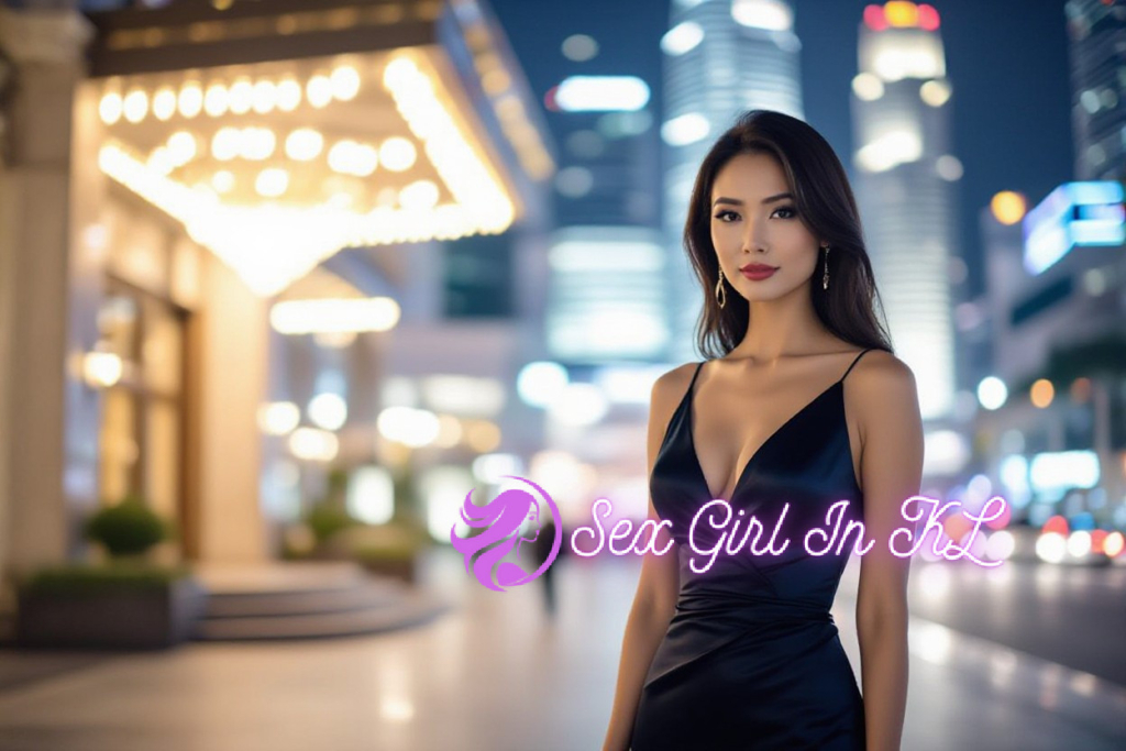 Elegant Asian woman in a black evening dress stands in downtown city nightlife.