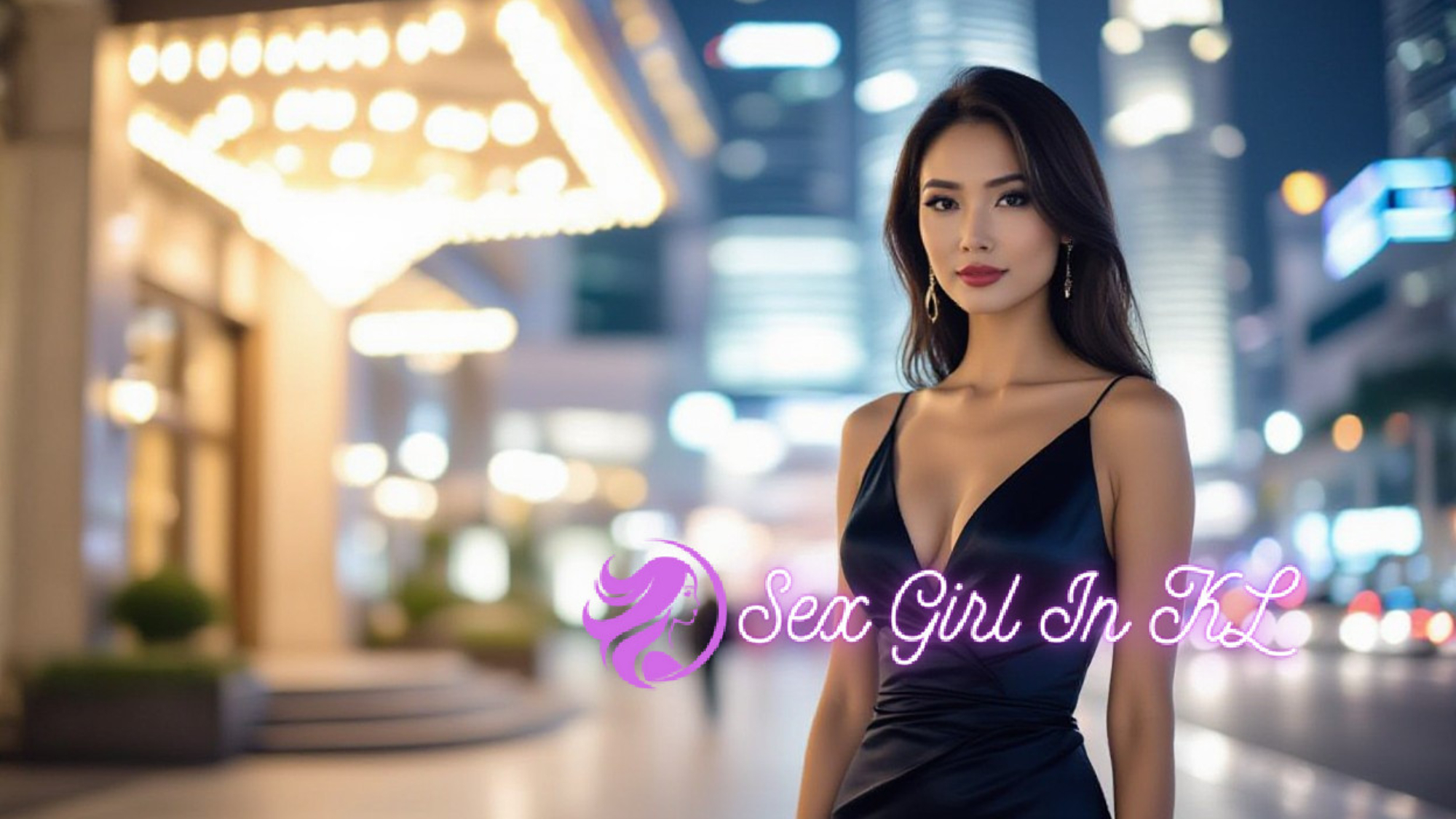 Elegant Asian woman in a black evening dress stands in downtown city nightlife.