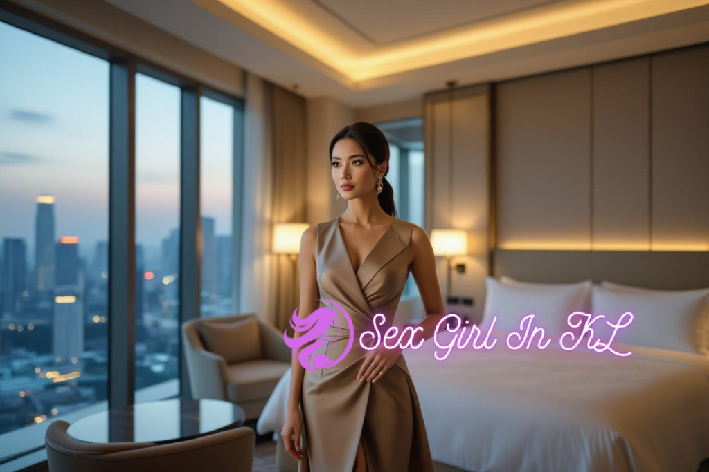 Elegant woman in a beige dress in a luxury hotel room with a city view.
