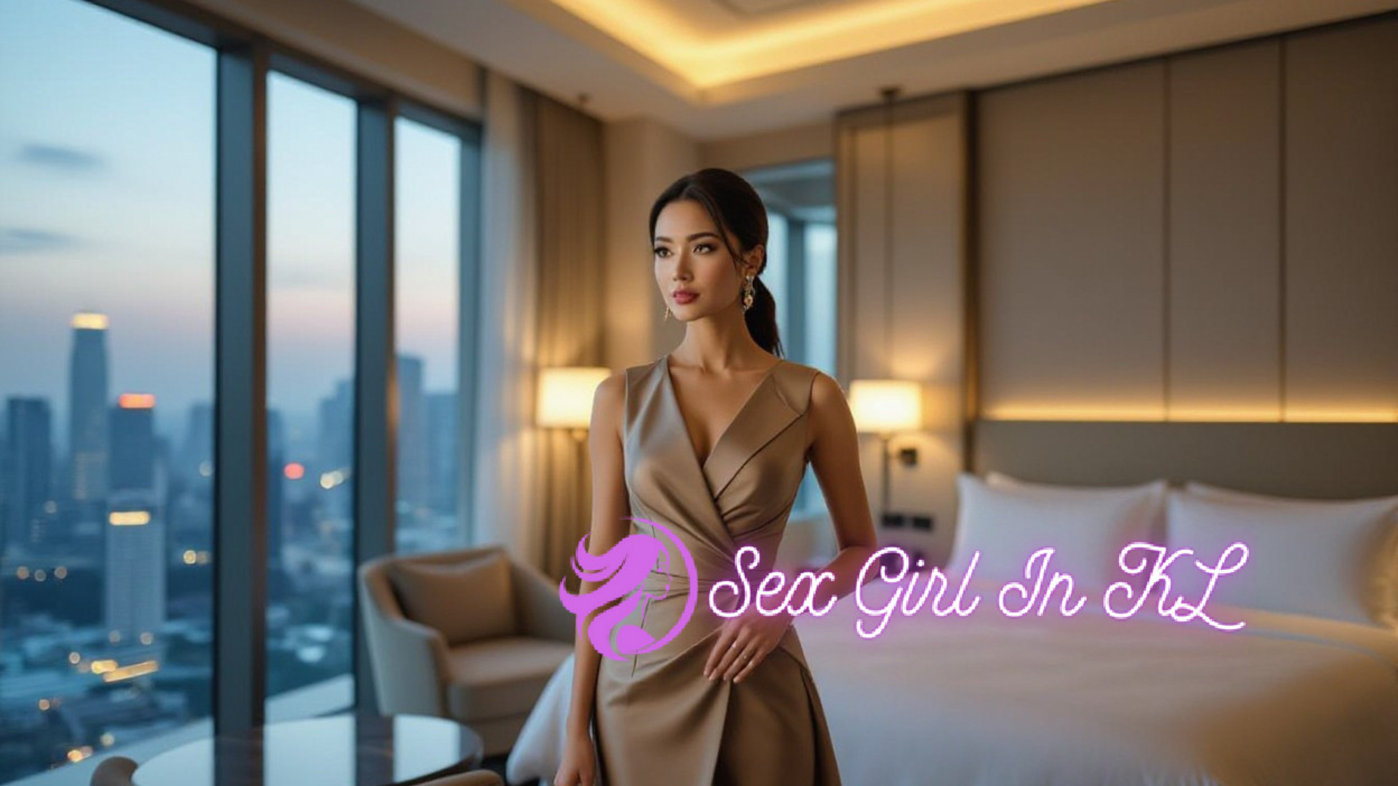Elegant woman in a beige dress in a luxury hotel room with a city view.
