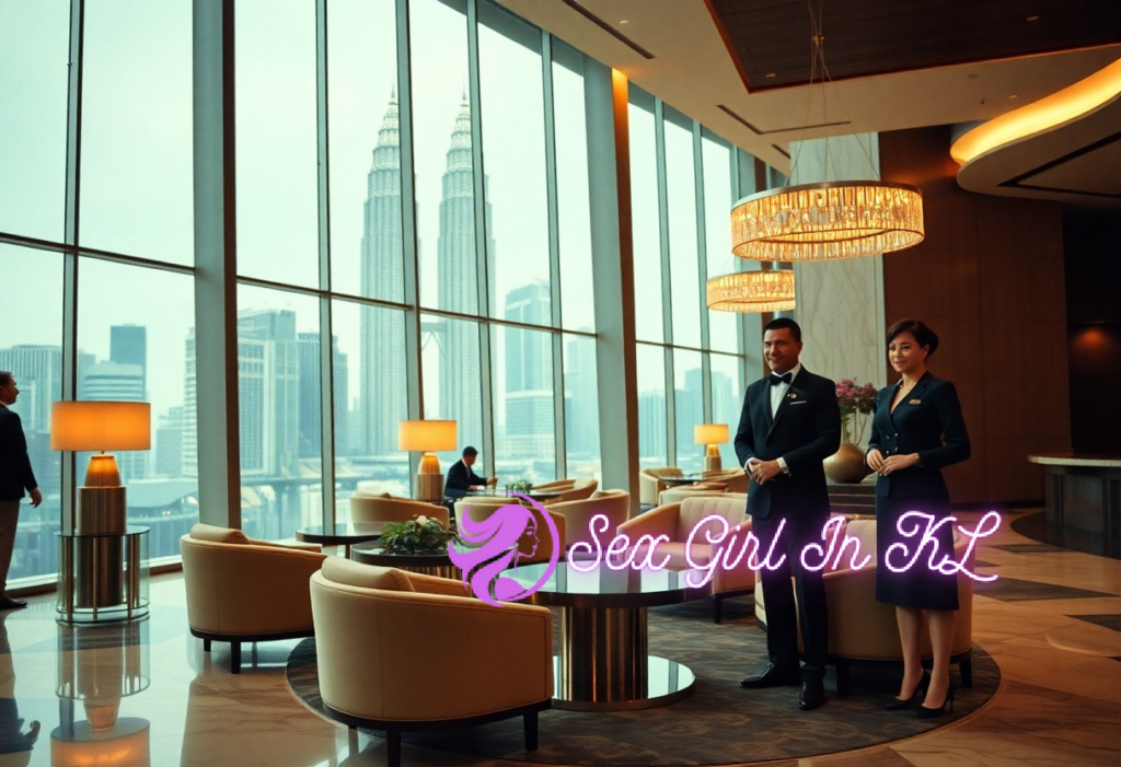 Hotel lobby with staff in Kuala Lumpur, Malaysia, showcasing the Petronas Twin Towers through large windows.