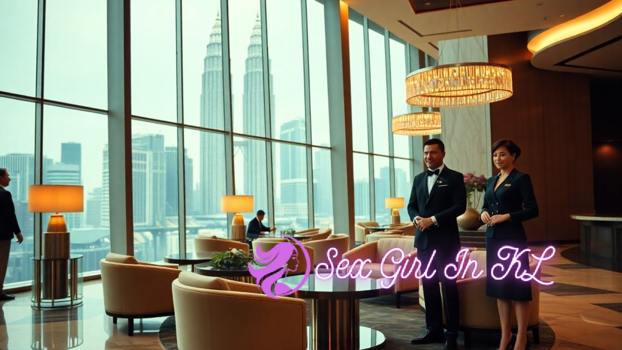 Hotel lobby with staff in Kuala Lumpur, Malaysia, showcasing the Petronas Twin Towers through large windows.