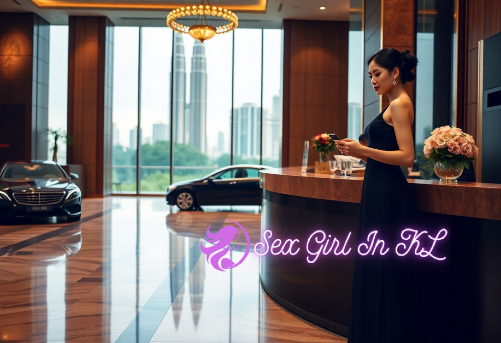 Elegant woman in black dress at luxury hotel reception desk, with Kuala Lumpur skyline view.