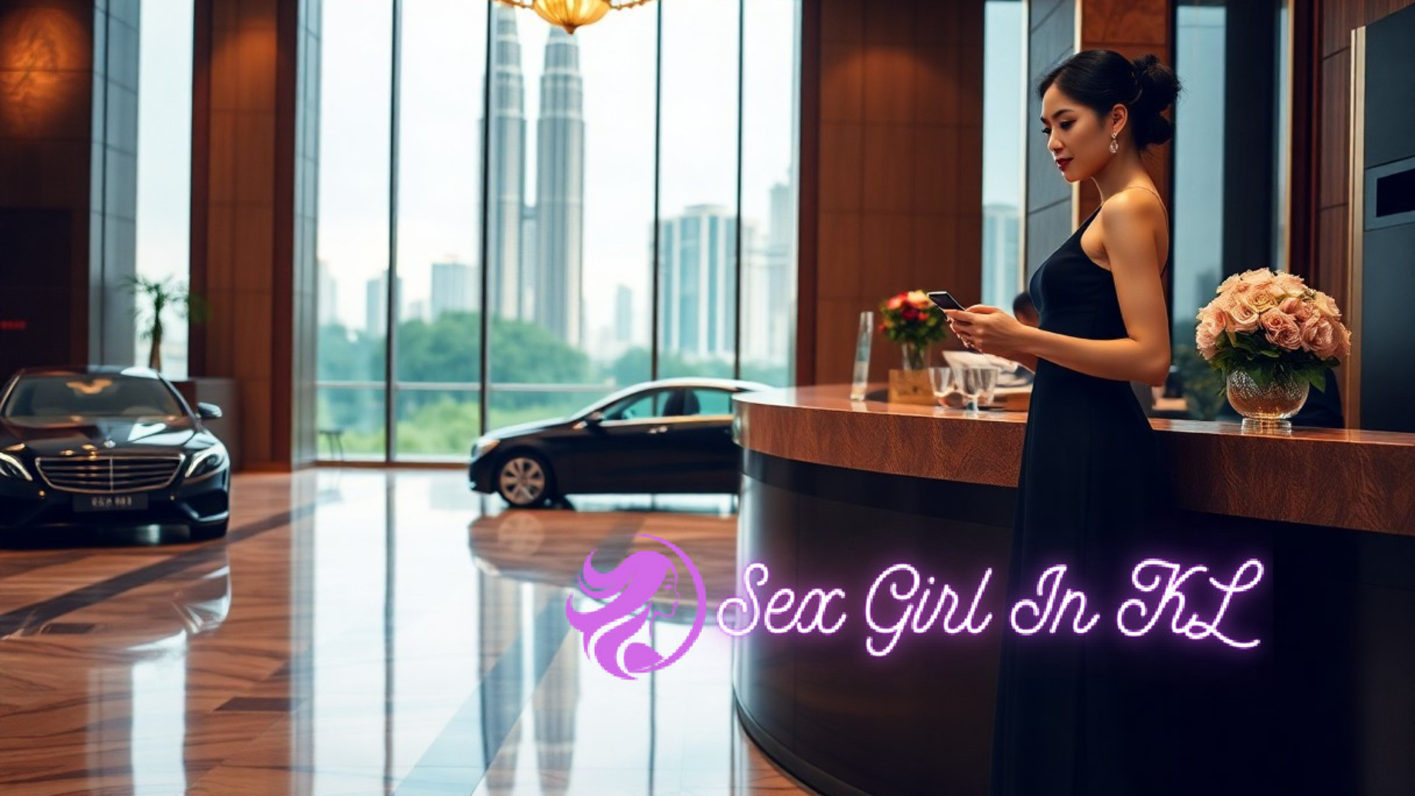 Elegant woman in black dress at luxury hotel reception desk, with Kuala Lumpur skyline view.