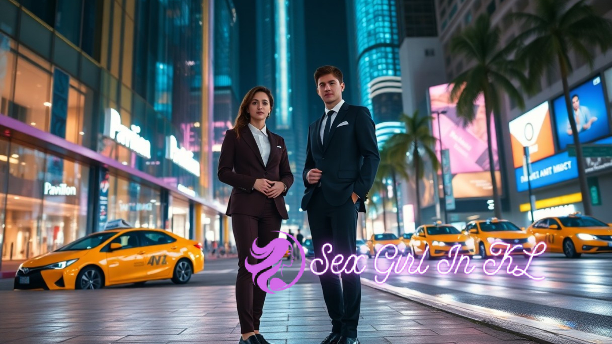 Business professionals in suits stand on a city street with yellow taxis and skyscrapers.