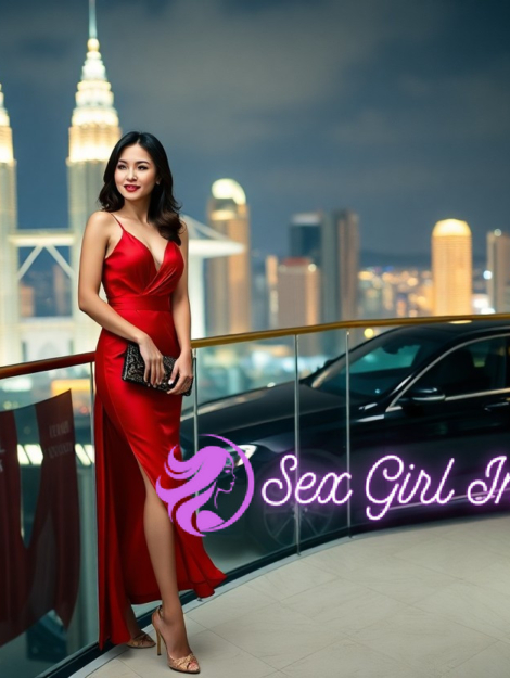 Elegant woman in red dress on balcony with Kuala Lumpur skyline and black car.
