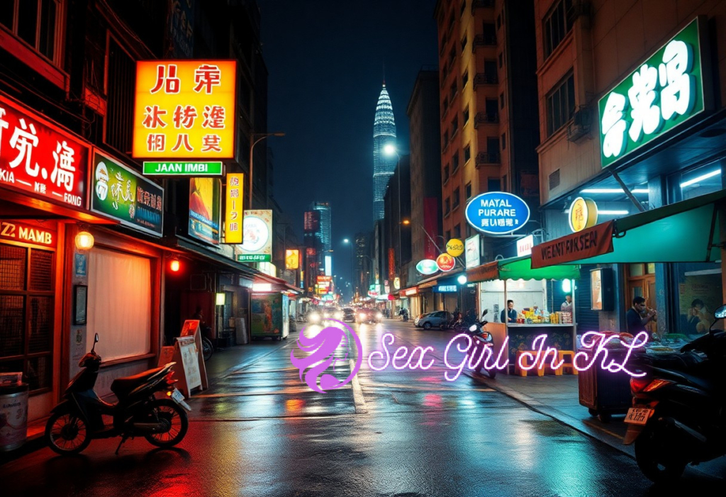 Neon signs illuminate a wet street in Kuala Lumpur at night, with Petronas Towers in the distance.