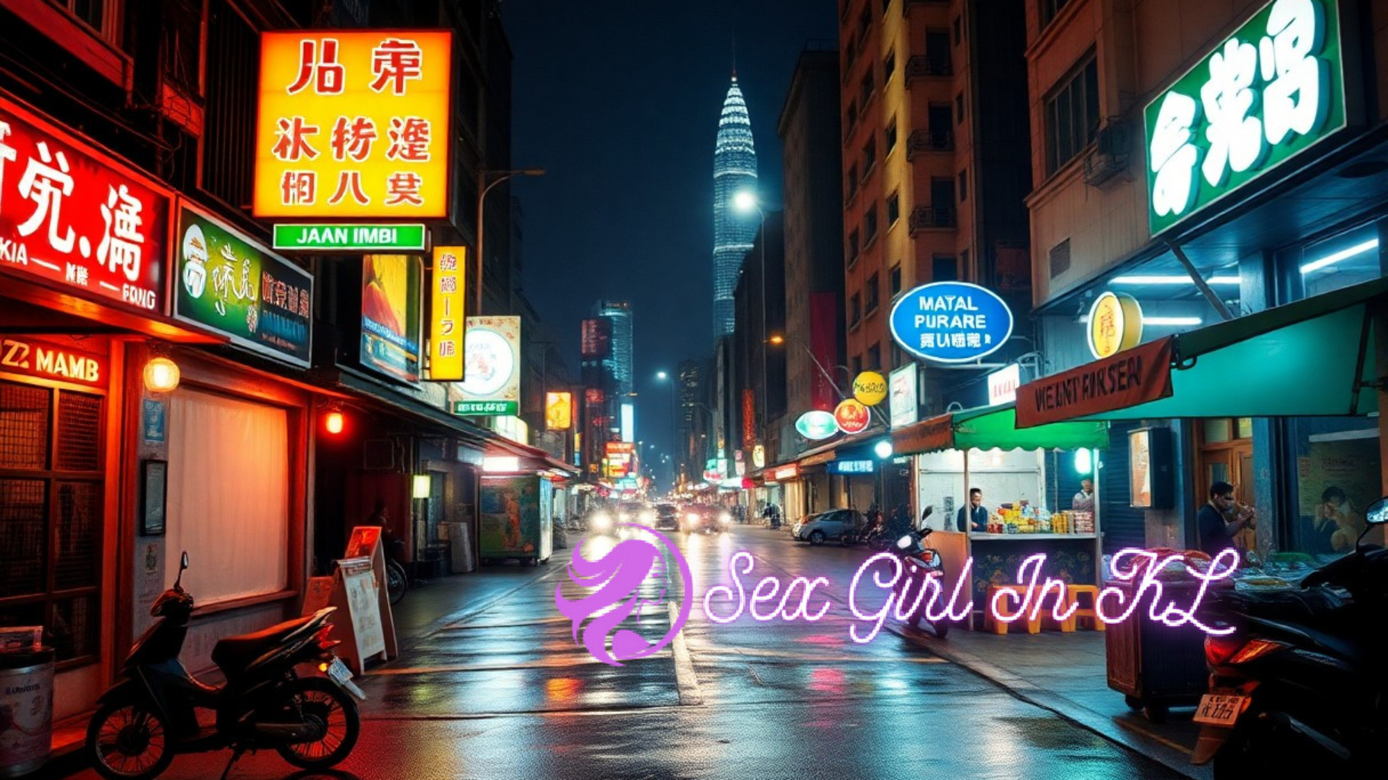 Neon signs illuminate a wet street in Kuala Lumpur at night, with Petronas Towers in the distance.
