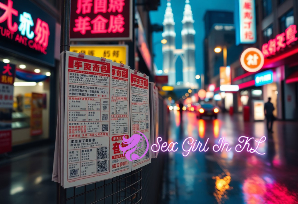 Kuala Lumpur street at night with Petronas Towers, neon signs, and flyers