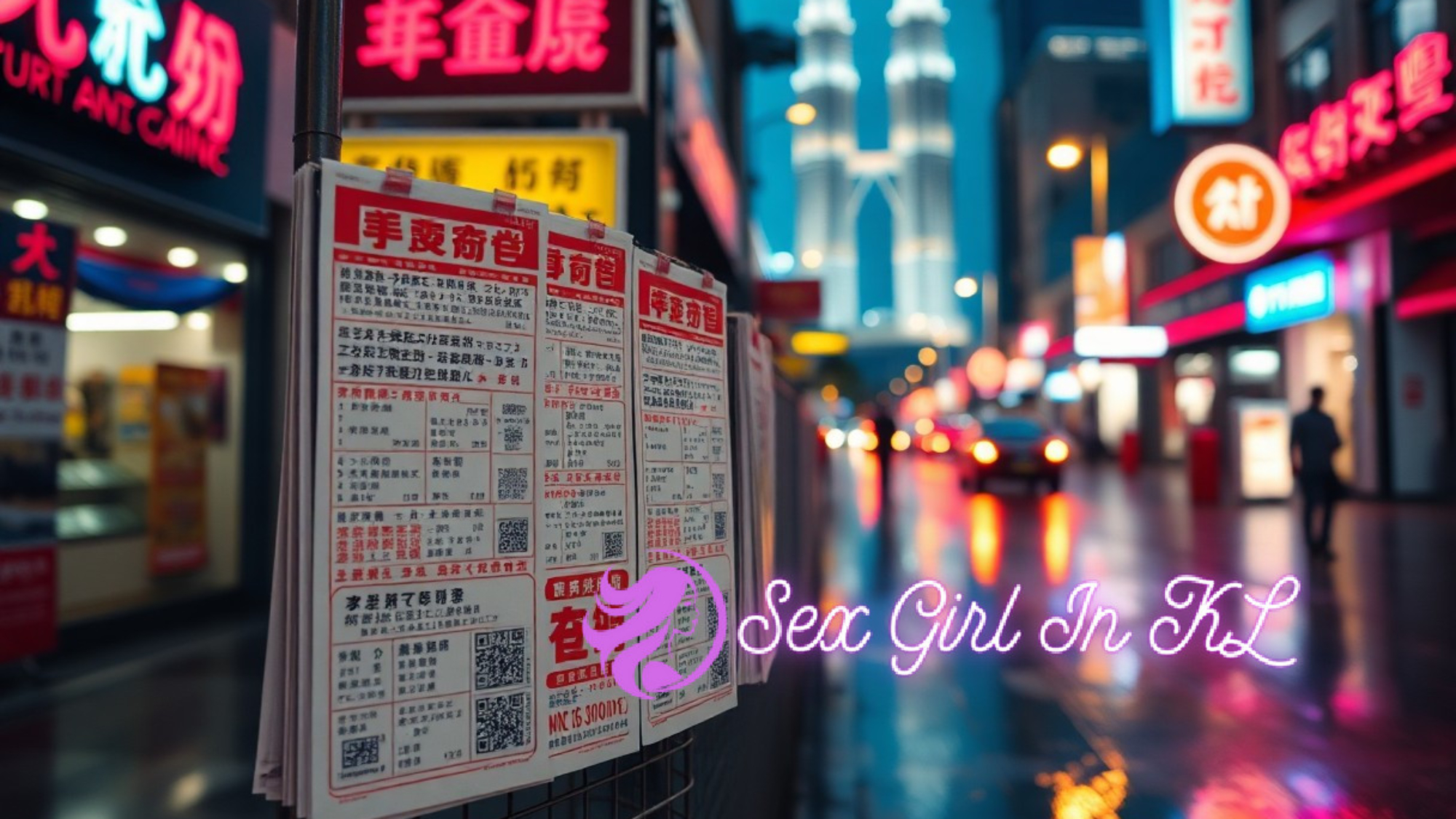 Kuala Lumpur street at night with Petronas Towers, neon signs, and flyers