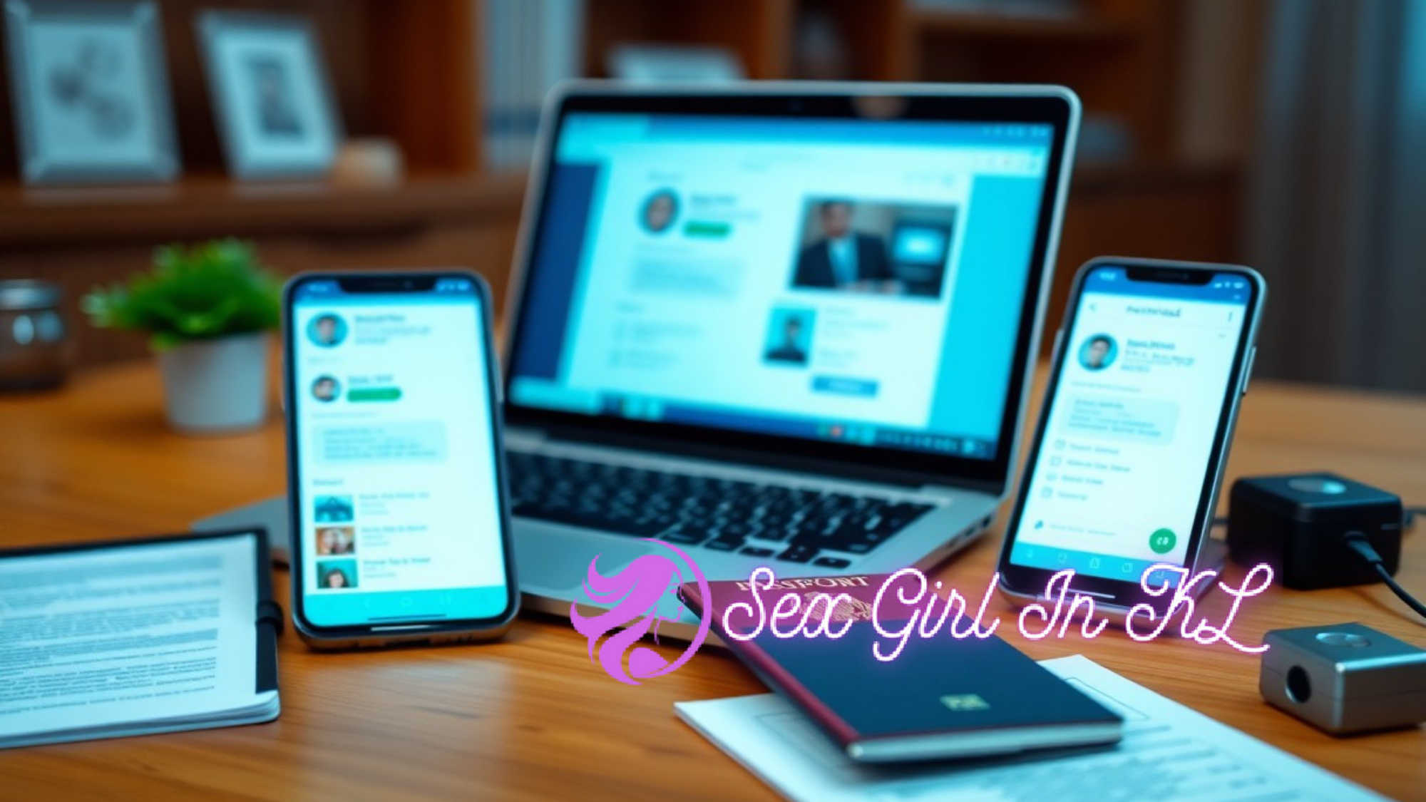 Laptop, smartphones, and passport on a wooden desk, illustrating remote work and travel.