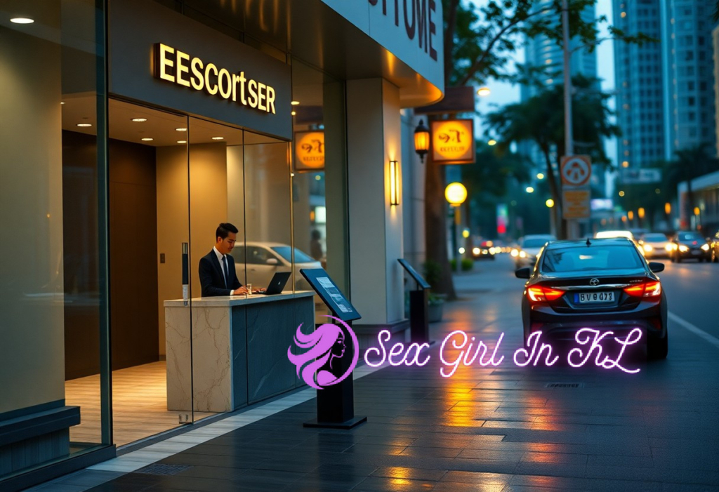 EESCORTSER reception desk with attendant and city street at dusk