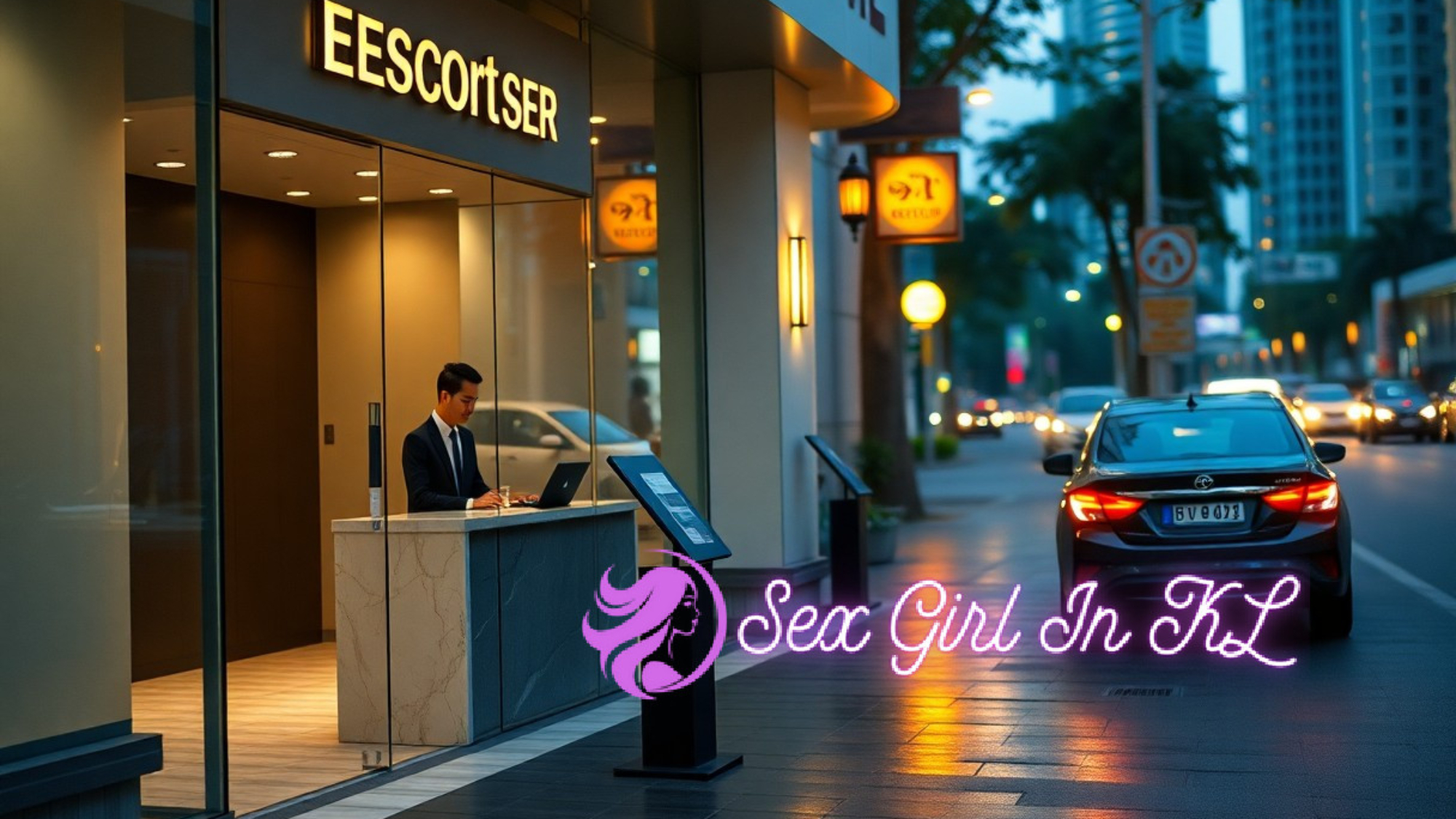 EESCORTSER reception desk with attendant and city street at dusk