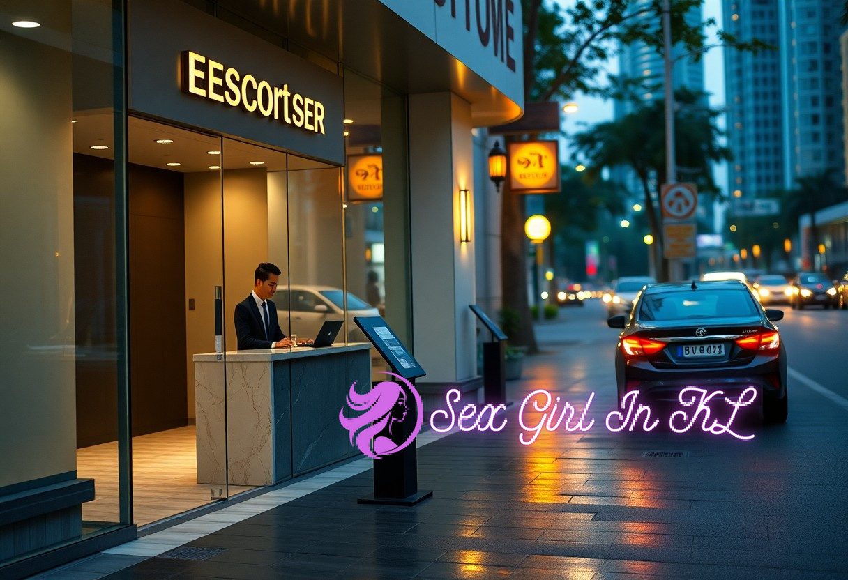EESCORTSER reception desk with attendant and city street at dusk